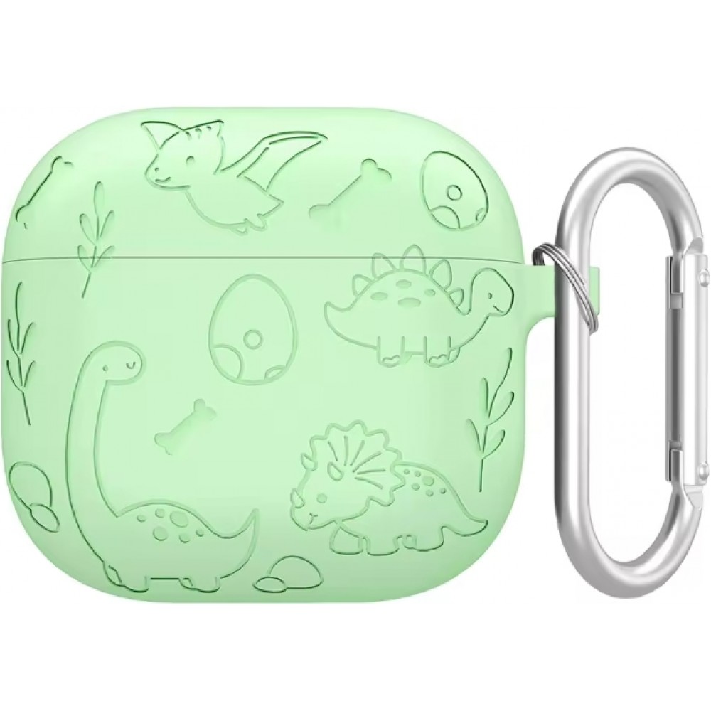 Coque AirPods 4 - Silicone dinosaures et fleurs gravés - Vert clair