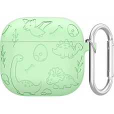 Coque AirPods 4 - Silicone dinosaures et fleurs gravés - Vert clair