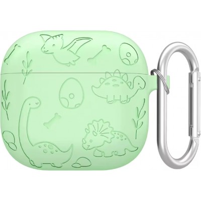 Coque AirPods 4 - Silicone dinosaures et fleurs gravés - Vert clair