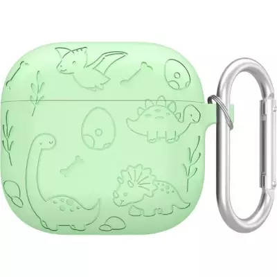 AirPods 4 Case H&uuml;lle - Gravierte Silikon-Dinosaurier und Blumen - Hellgr&uuml;n