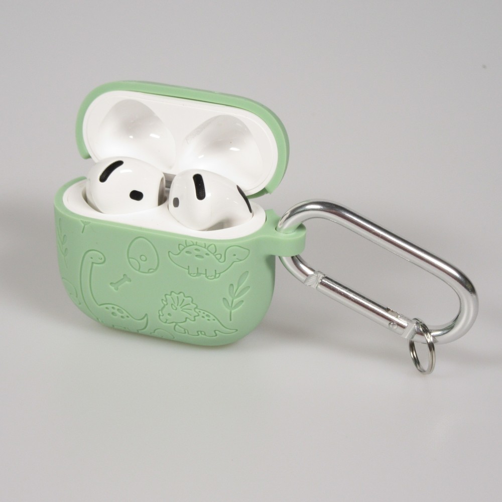 Coque AirPods 4 - Silicone dinosaures et fleurs gravés - Vert clair