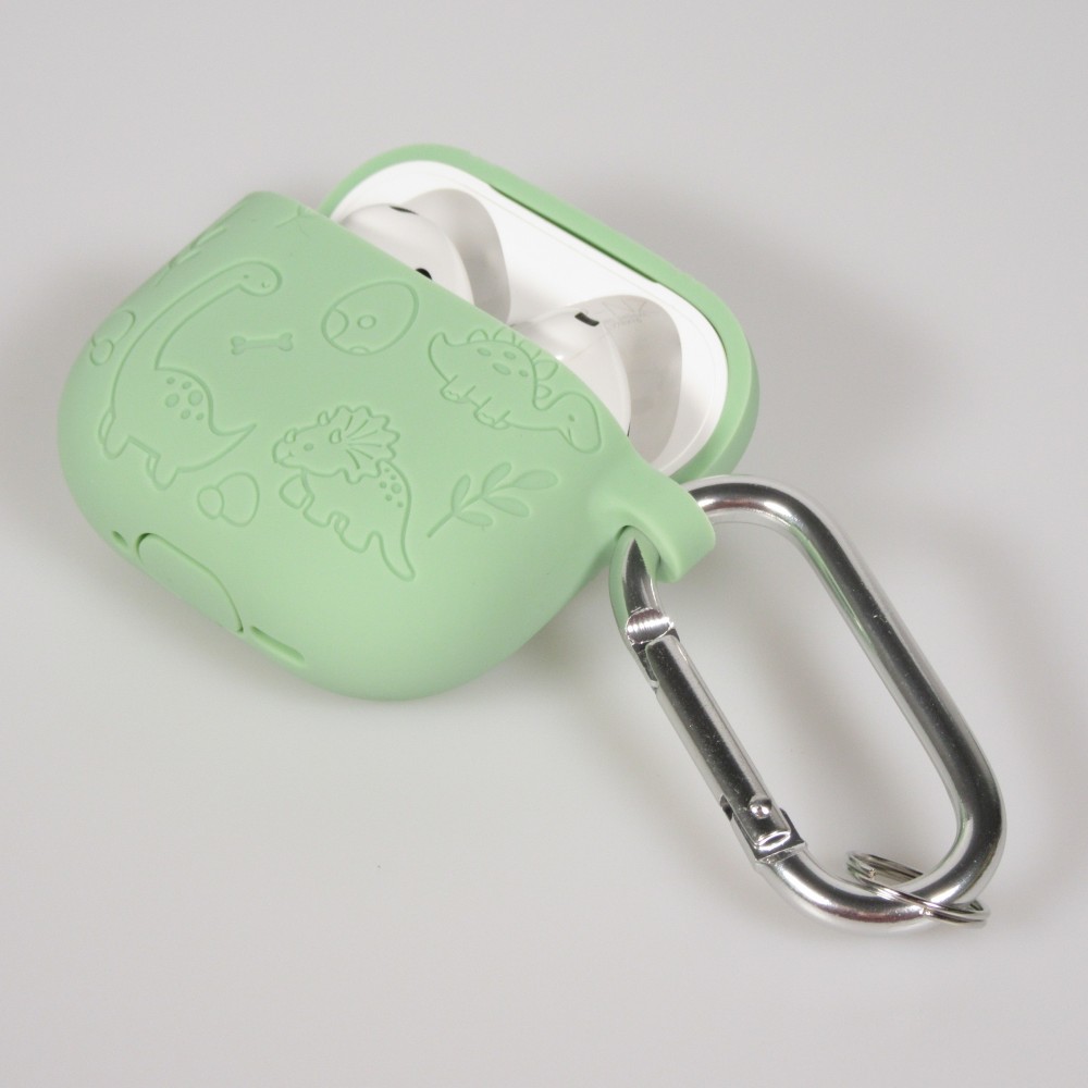 Coque AirPods 4 - Silicone dinosaures et fleurs gravés - Vert clair