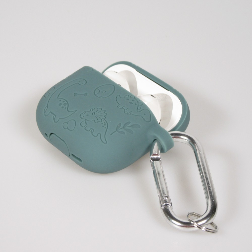 Coque AirPods 4 - Silicone dinosaures et fleurs gravés - Vert foncé