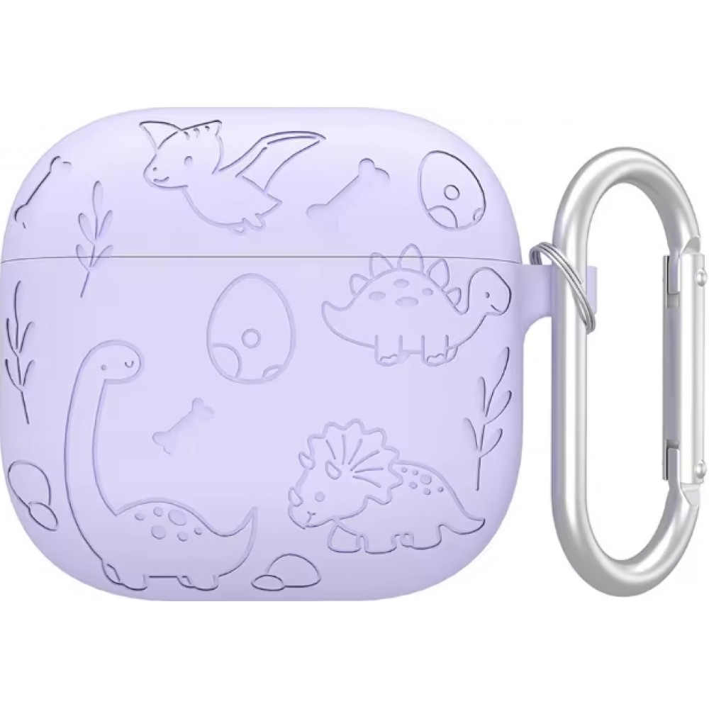 Coque AirPods 4 - Silicone dinosaures et fleurs gravés - Violet
