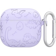 Coque AirPods 4 - Silicone dinosaures et fleurs gravés - Violet