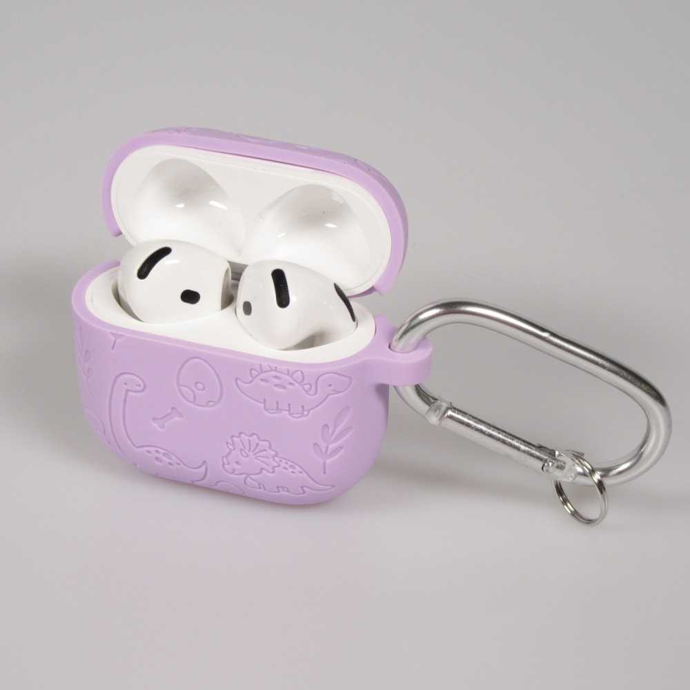 Coque AirPods 4 - Silicone dinosaures et fleurs gravés - Violet