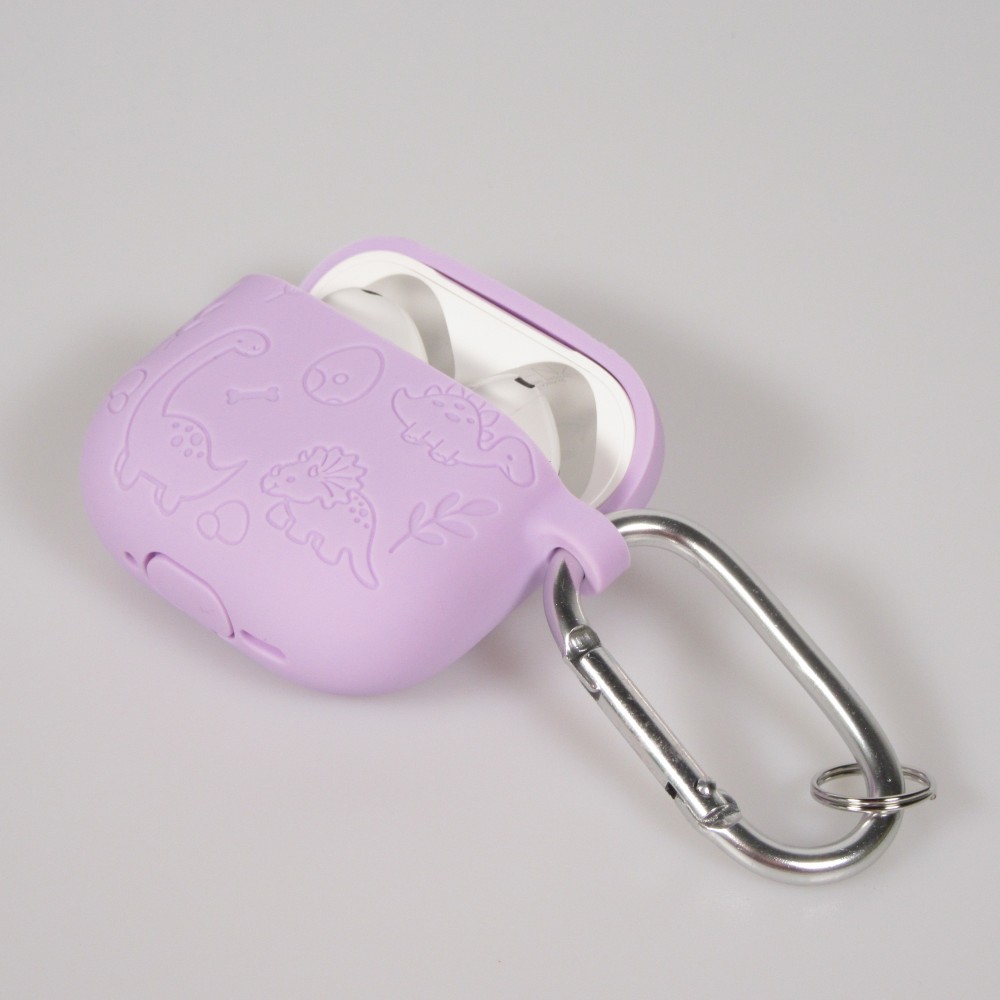 Coque AirPods 4 - Silicone dinosaures et fleurs gravés - Violet