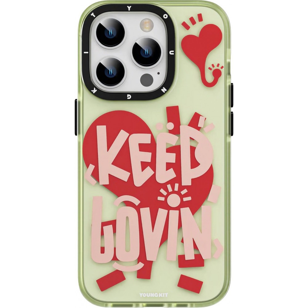Coque iPhone 14 Pro - Youngkit Keep Lovin Silicone verte transparente avec cœur - Vert
