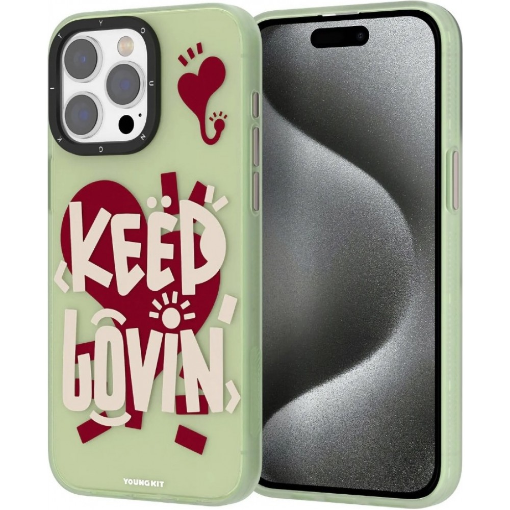 Coque iPhone 14 Pro - Youngkit Keep Lovin Silicone verte transparente avec cœur - Vert