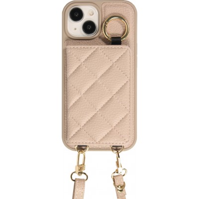 Coque iPhone 15 - Cuir matelass&eacute; avec miroir et compartiment carte inclus grande lani&egrave;re amovible - Beige