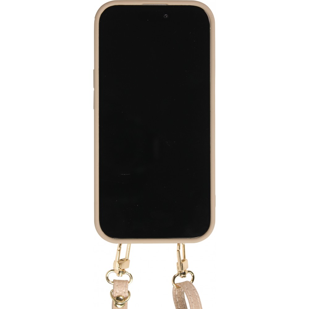 iPhone 15 Case Hülle - Gepolstertes Leder mit Spiegel und Kartenfach große abnehmbare Riemen - Beige