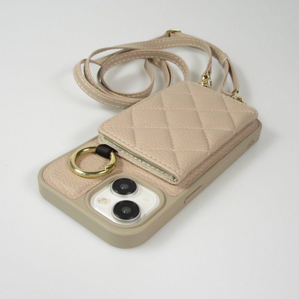 iPhone 15 Case Hülle - Gepolstertes Leder mit Spiegel und Kartenfach große abnehmbare Riemen - Beige
