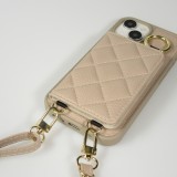 iPhone 15 Case Hülle - Gepolstertes Leder mit Spiegel und Kartenfach große abnehmbare Riemen - Beige