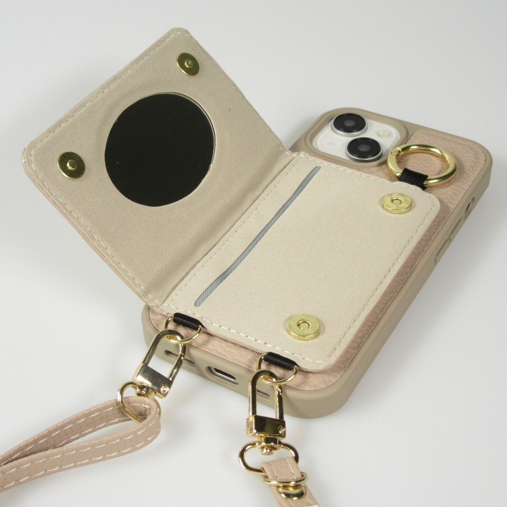 iPhone 15 Case Hülle - Gepolstertes Leder mit Spiegel und Kartenfach große abnehmbare Riemen - Beige