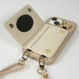 iPhone 15 Case Hülle - Gepolstertes Leder mit Spiegel und Kartenfach große abnehmbare Riemen - Beige