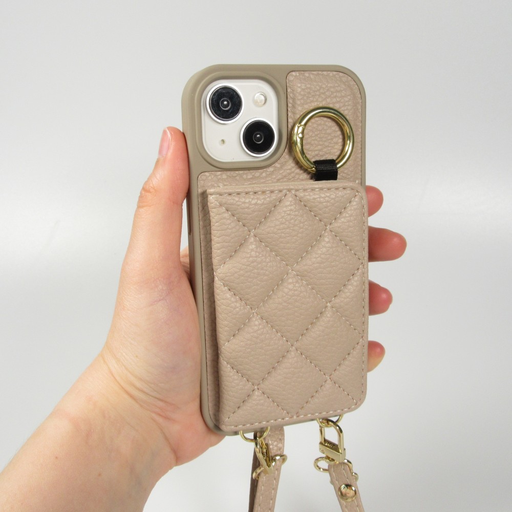 iPhone 15 Case Hülle - Gepolstertes Leder mit Spiegel und Kartenfach große abnehmbare Riemen - Beige