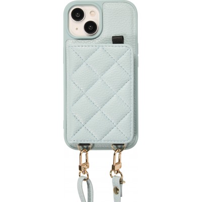 iPhone 15 Case H&uuml;lle - Gepolstertes Leder mit Spiegel und Kartenfach gro&szlig;e abnehmbare Riemen - Blau