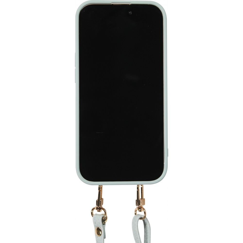 Coque iPhone 15 - Cuir matelassé avec miroir et compartiment carte inclus grande lanière amovible - Bleu