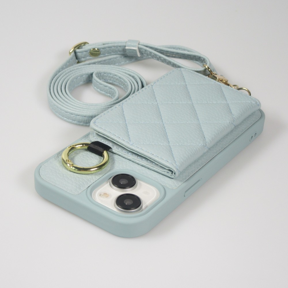 Coque iPhone 15 - Cuir matelassé avec miroir et compartiment carte inclus grande lanière amovible - Bleu