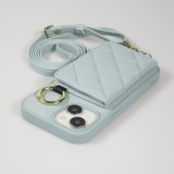 Coque iPhone 15 - Cuir matelassé avec miroir et compartiment carte inclus grande lanière amovible - Bleu