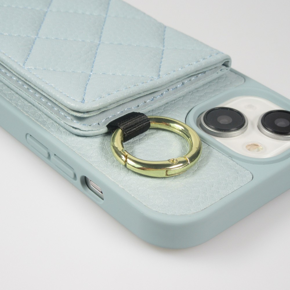 Coque iPhone 15 - Cuir matelassé avec miroir et compartiment carte inclus grande lanière amovible - Bleu