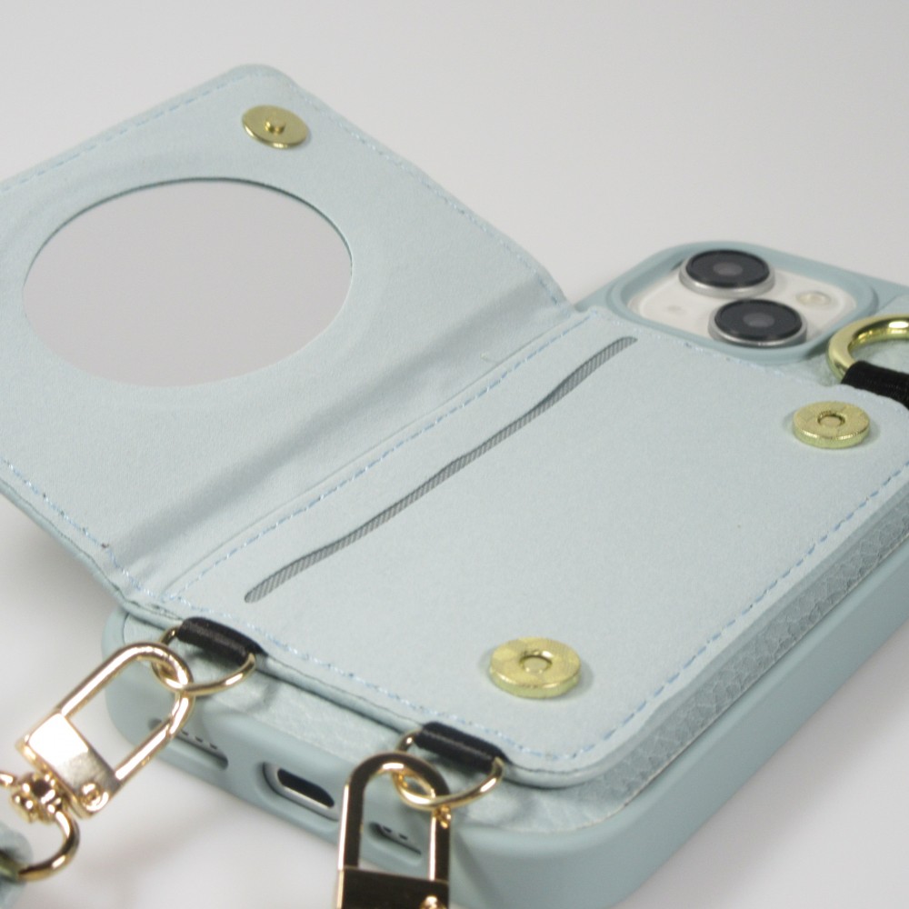 Coque iPhone 15 - Cuir matelassé avec miroir et compartiment carte inclus grande lanière amovible - Bleu