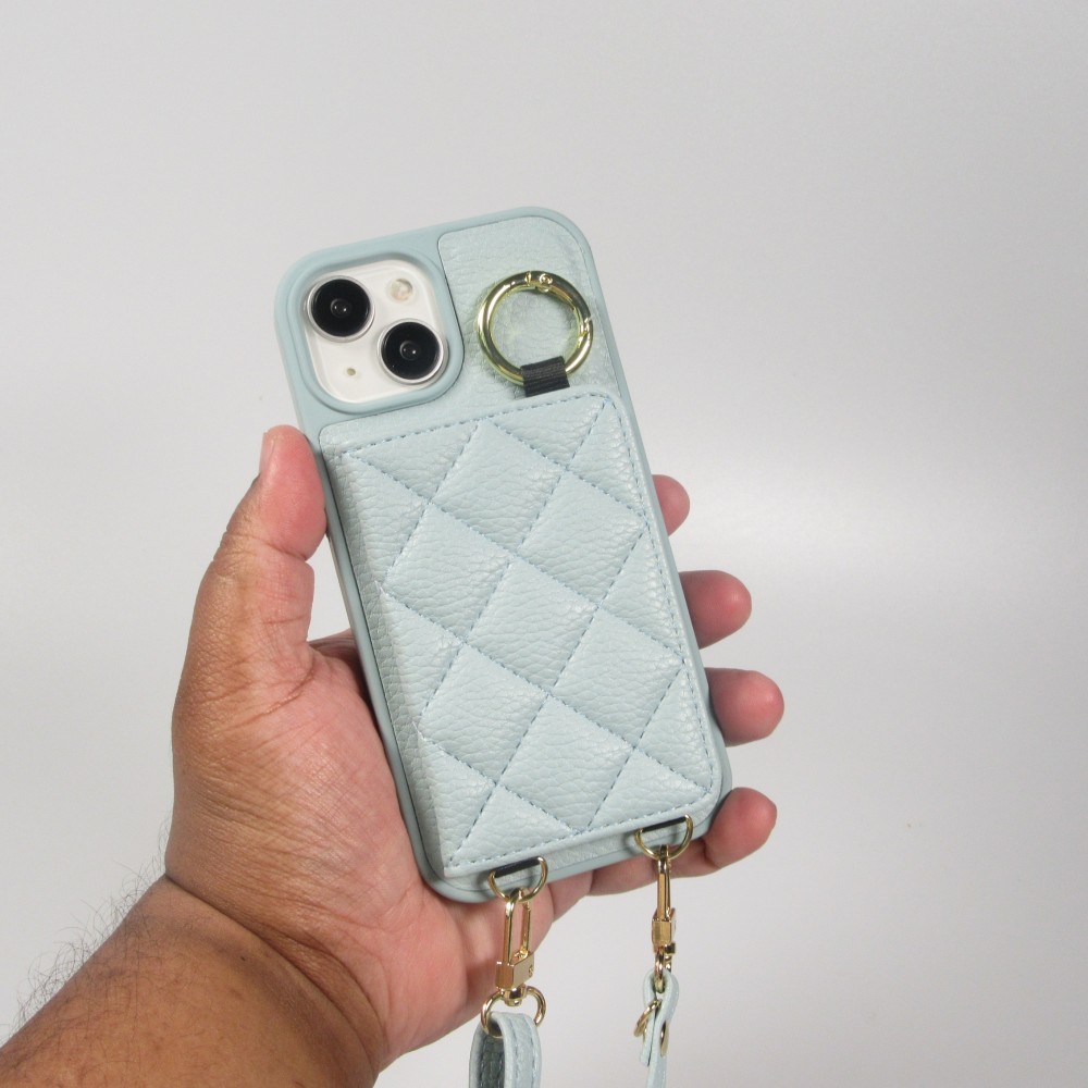 Coque iPhone 15 - Cuir matelassé avec miroir et compartiment carte inclus grande lanière amovible - Bleu