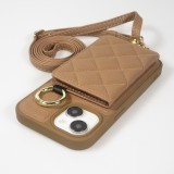 iPhone 15 Case Hülle - Gepolstertes Leder mit Spiegel und Kartenfach große abnehmbare Riemen - Braun