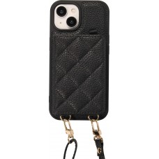 Coque iPhone 15 - Cuir matelassé avec miroir et compartiment carte inclus grande lanière amovible - Noir