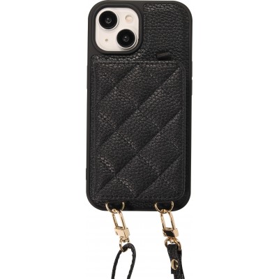 Coque iPhone 15 - Cuir matelass&eacute; avec miroir et compartiment carte inclus grande lani&egrave;re amovible - Noir