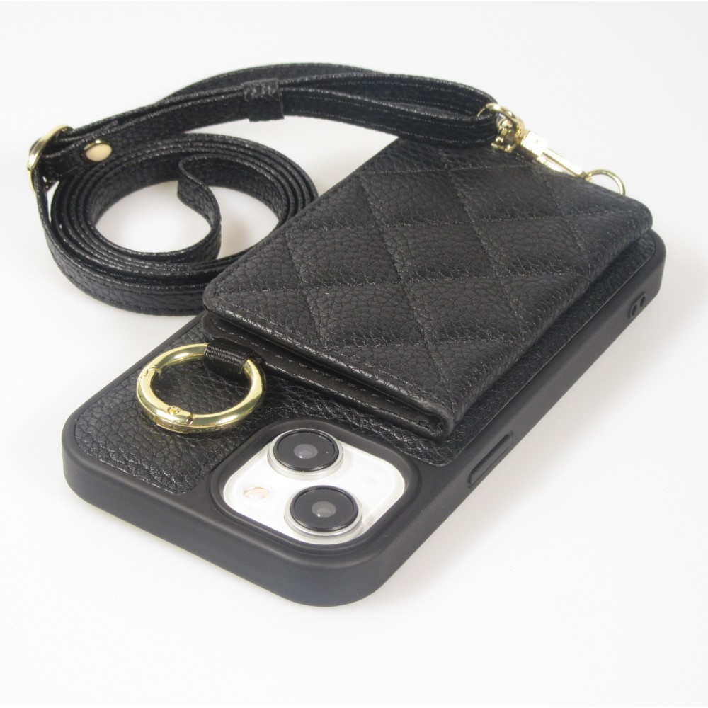 Coque iPhone 15 - Cuir matelassé avec miroir et compartiment carte inclus grande lanière amovible - Noir