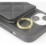 Coque iPhone 15 - Cuir matelassé avec miroir et compartiment carte inclus grande lanière amovible - Noir