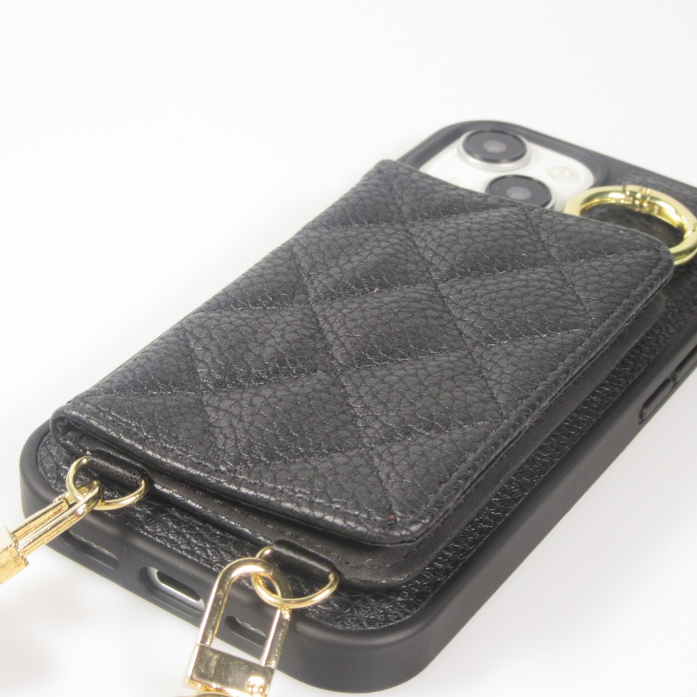 Coque iPhone 15 - Cuir matelassé avec miroir et compartiment carte inclus grande lanière amovible - Noir