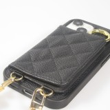 Coque iPhone 15 - Cuir matelassé avec miroir et compartiment carte inclus grande lanière amovible - Noir