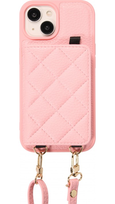 Coque iPhone 15 - Cuir matelassé avec miroir et compartiment carte inclus grande lanière amovible - Rose