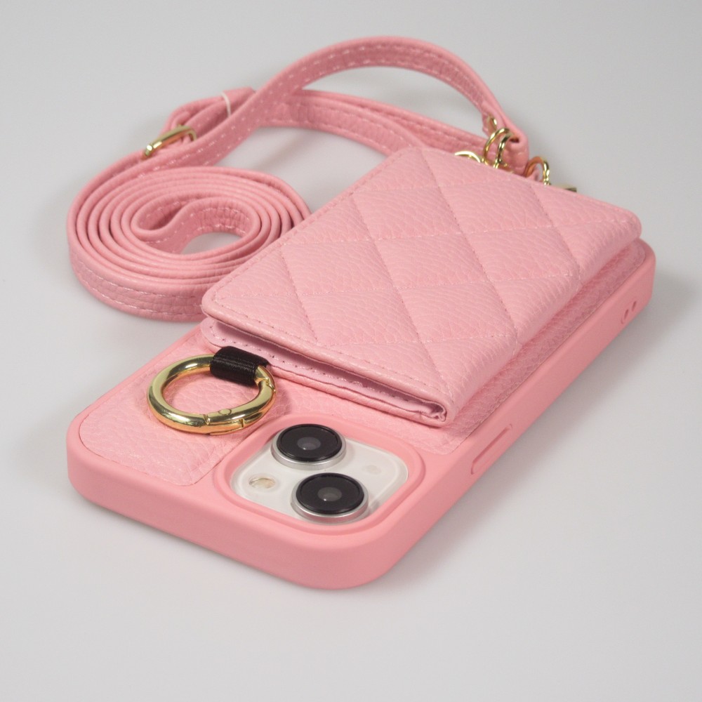 Coque iPhone 15 - Cuir matelassé avec miroir et compartiment carte inclus grande lanière amovible - Rose