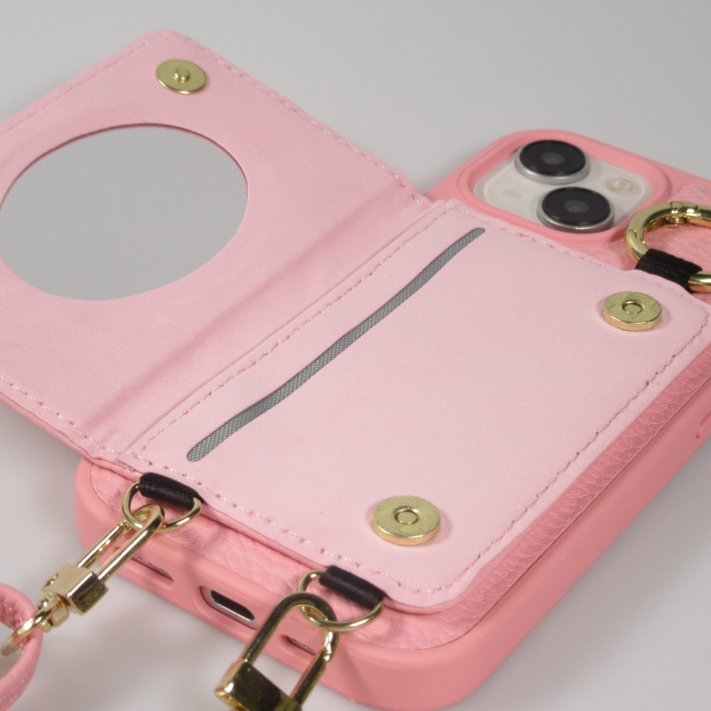 Coque iPhone 15 - Cuir matelassé avec miroir et compartiment carte inclus grande lanière amovible - Rose