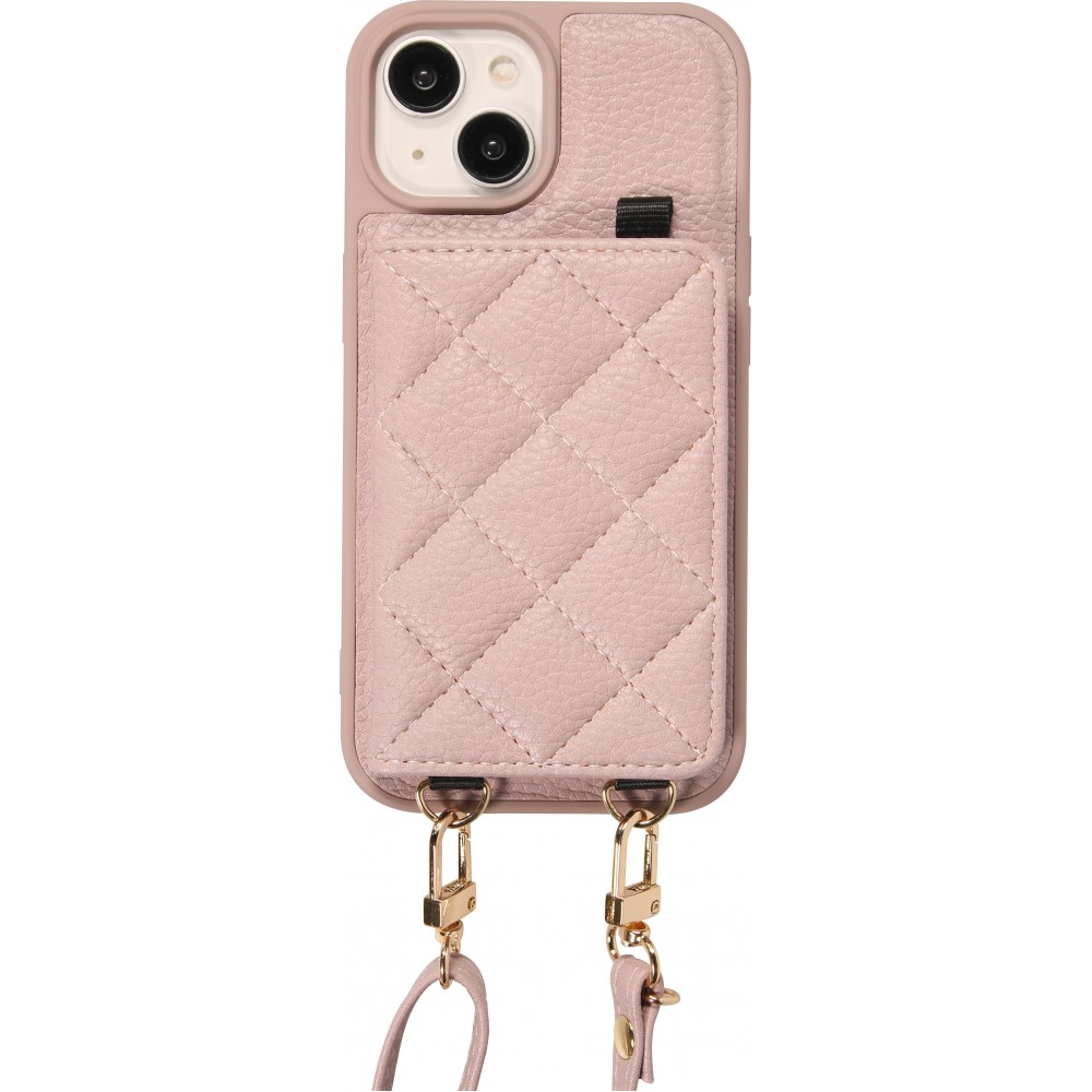 Coque iPhone 15 - Cuir matelassé avec miroir et compartiment carte inclus grande lanière amovible - Violet clair