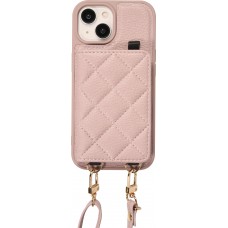 Coque iPhone 15 - Cuir matelassé avec miroir et compartiment carte inclus grande lanière amovible - Violet clair