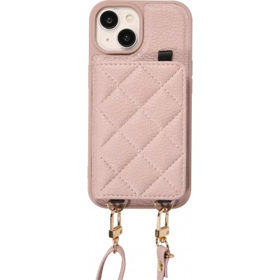 Coque iPhone 15 - Cuir matelass&eacute; avec miroir et compartiment carte inclus grande lani&egrave;re amovible - Violet clair