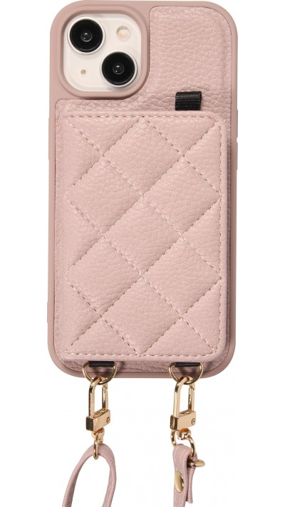 Coque iPhone 15 - Cuir matelassé avec miroir et compartiment carte inclus grande lanière amovible - Violet clair