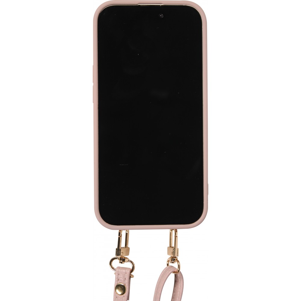 Coque iPhone 15 - Cuir matelassé avec miroir et compartiment carte inclus grande lanière amovible - Violet clair