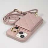 Coque iPhone 15 - Cuir matelassé avec miroir et compartiment carte inclus grande lanière amovible - Violet clair