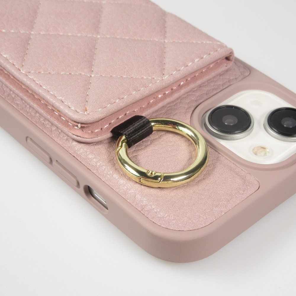 Coque iPhone 15 - Cuir matelassé avec miroir et compartiment carte inclus grande lanière amovible - Violet clair