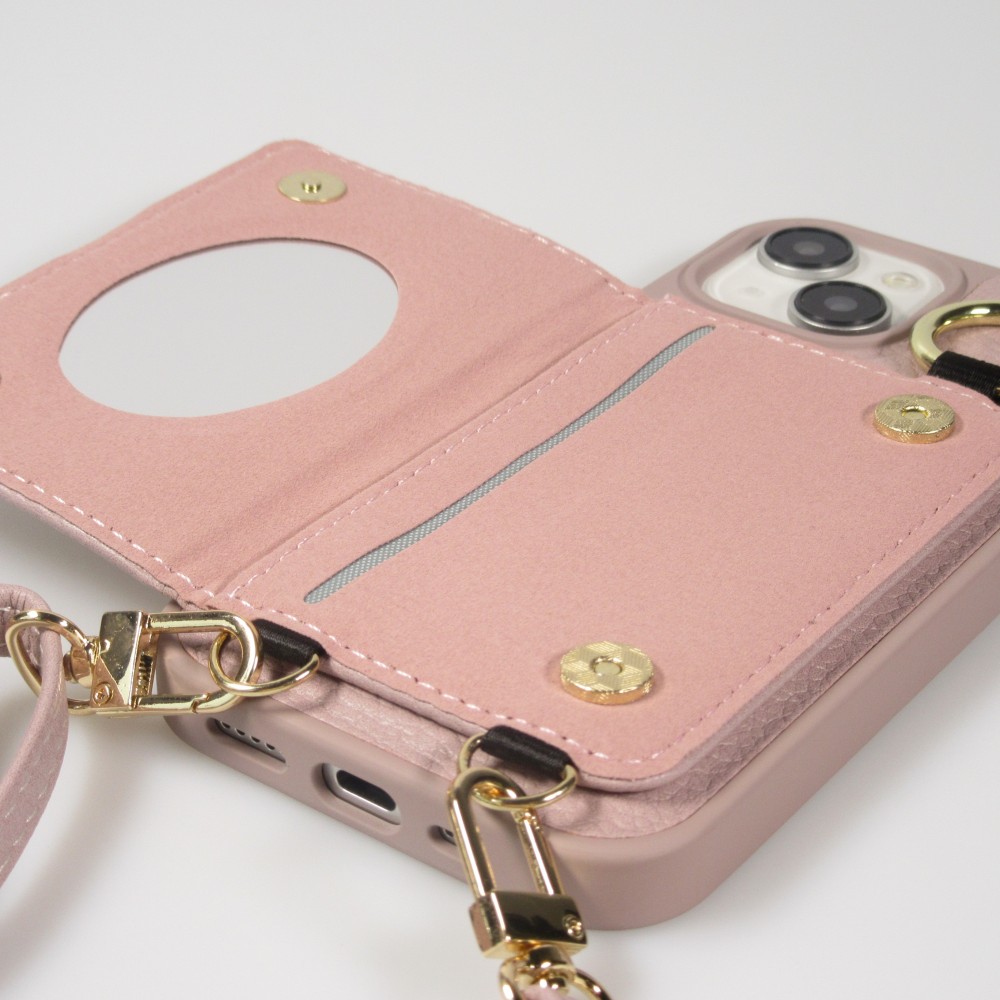 Coque iPhone 15 - Cuir matelassé avec miroir et compartiment carte inclus grande lanière amovible - Violet clair