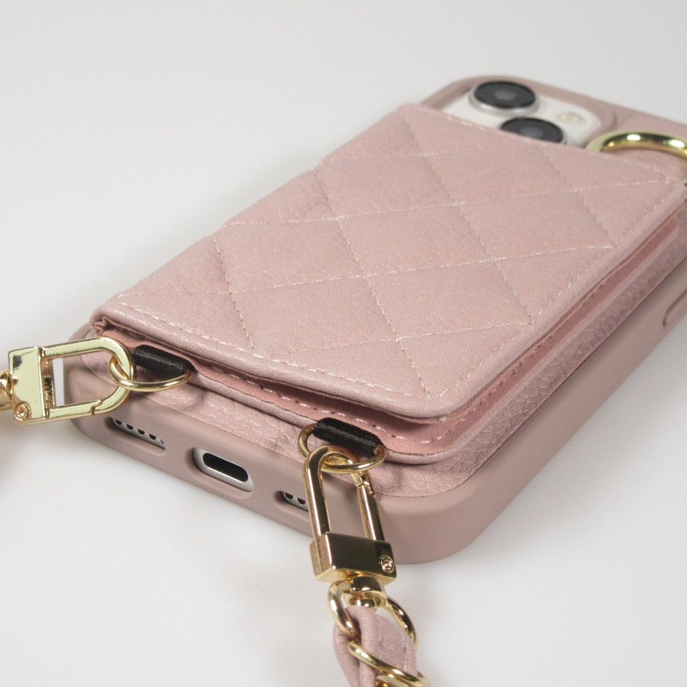 Coque iPhone 15 - Cuir matelassé avec miroir et compartiment carte inclus grande lanière amovible - Violet clair