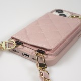 Coque iPhone 15 - Cuir matelassé avec miroir et compartiment carte inclus grande lanière amovible - Violet clair