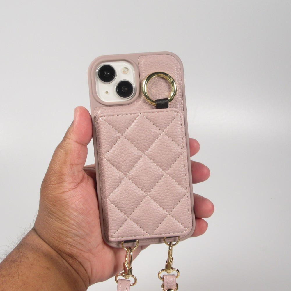 Coque iPhone 15 - Cuir matelassé avec miroir et compartiment carte inclus grande lanière amovible - Violet clair