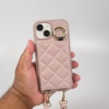 Coque iPhone 15 - Cuir matelassé avec miroir et compartiment carte inclus grande lanière amovible - Violet clair