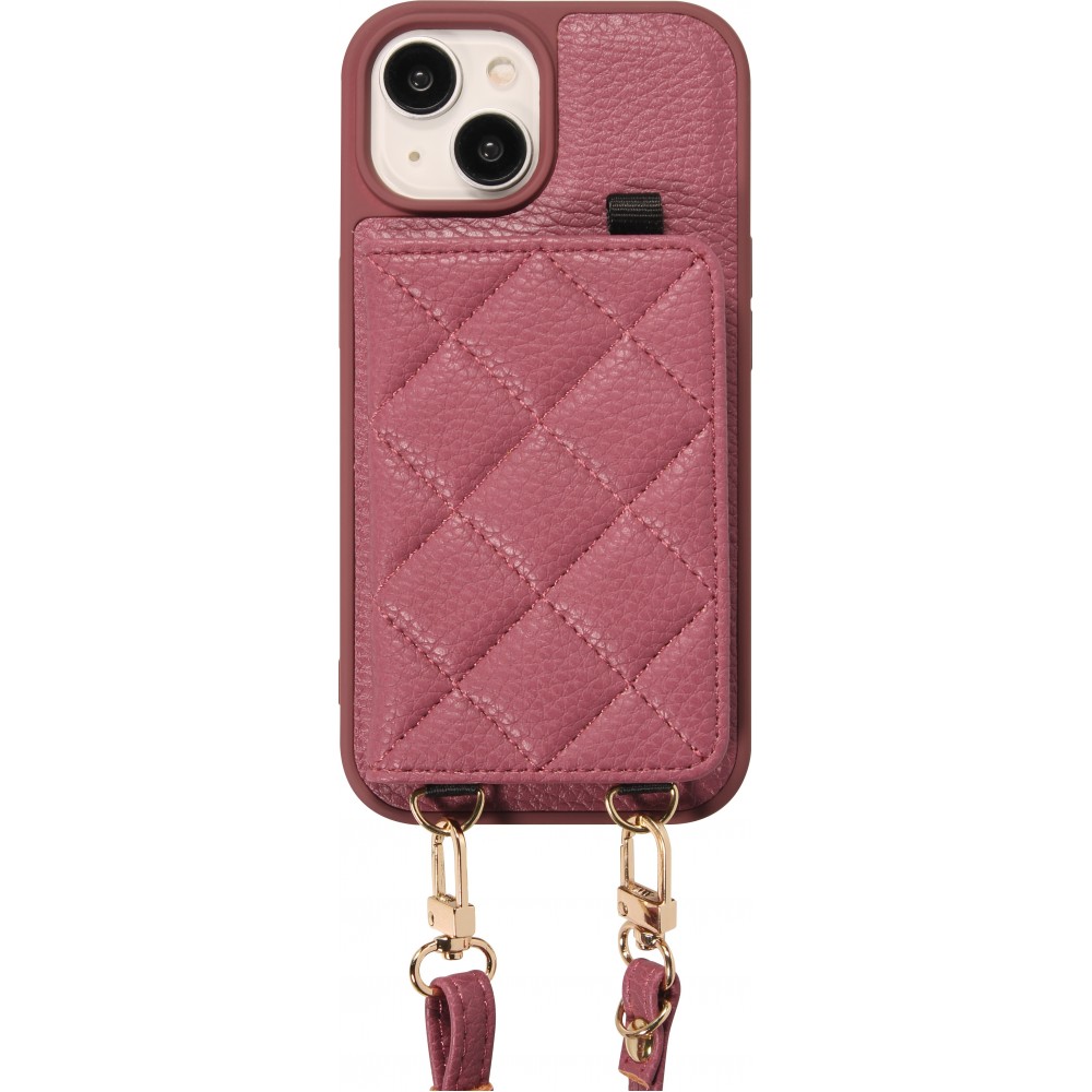 iPhone 15 Case Hülle - Gepolstertes Leder mit Spiegel und Kartenfach große abnehmbare Riemen - Dunkelviolett